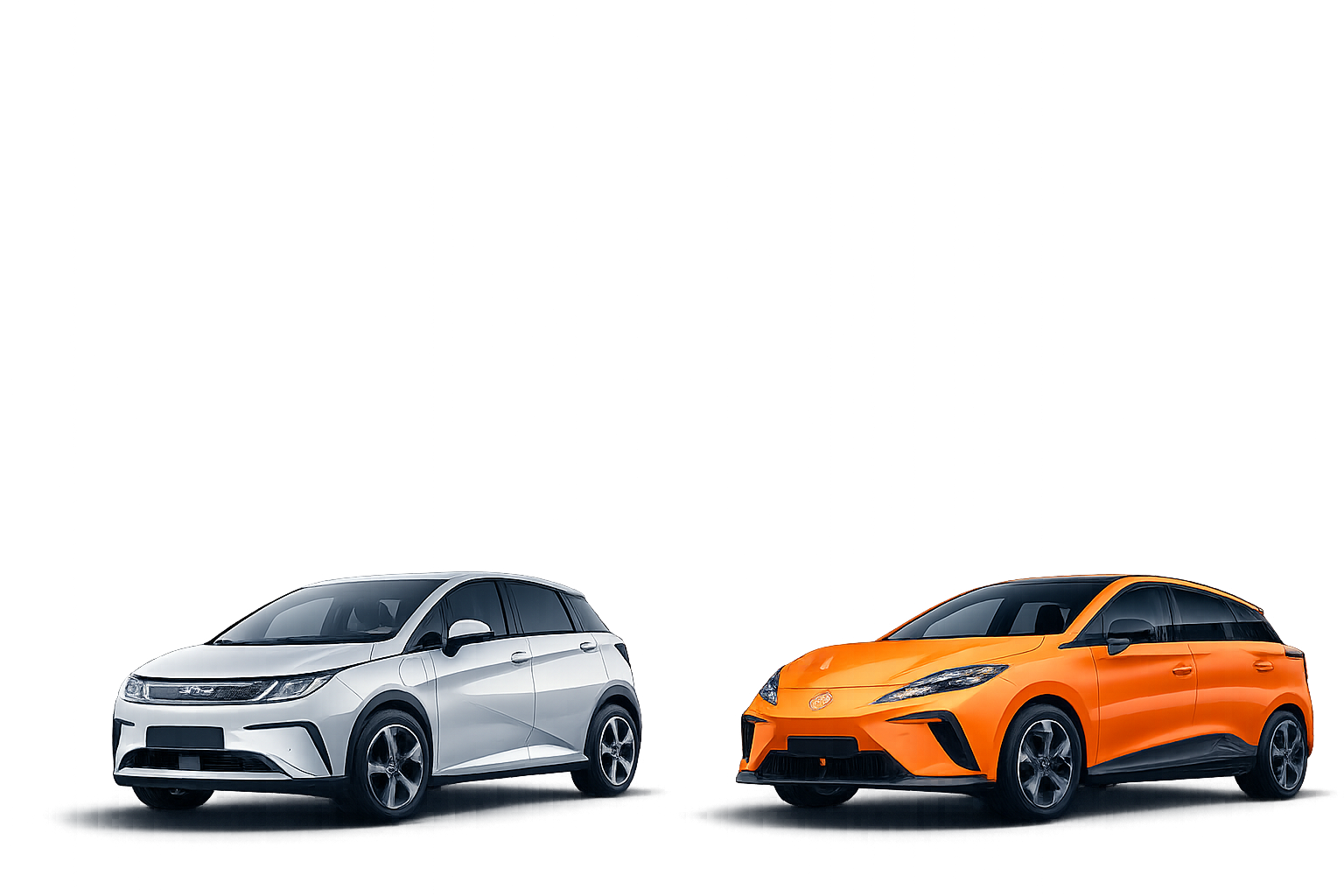 Side-by-side exterior comparison image of the BYD Dolphin and MG4